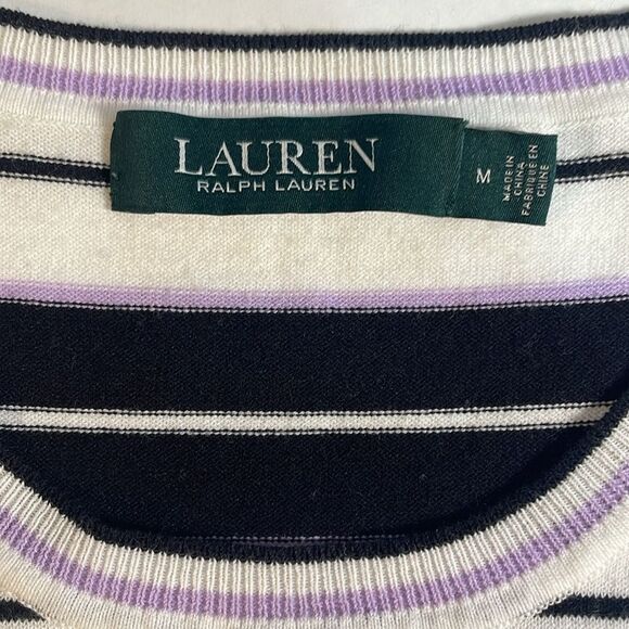 Ralph Lauren Women’s Purple and Black Striped Short Sleeve Sweater Preppy Size M - Picture 2 of 8